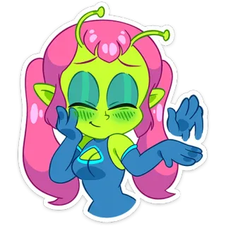 ☺️ 318204dd 宇宙人, アニメ, キャラクター, ピンクの髪, 緑色の肌, かわいい, 友好的, アニメーション telegram sticker