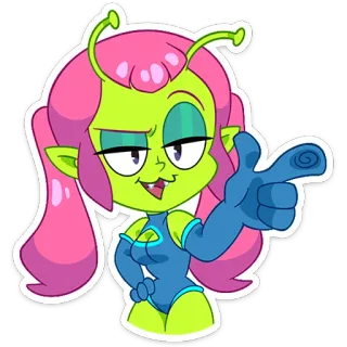 😉 339ae796 宇宙人, 漫画, ピンク髪, 緑色の肌, 指差し telegram sticker