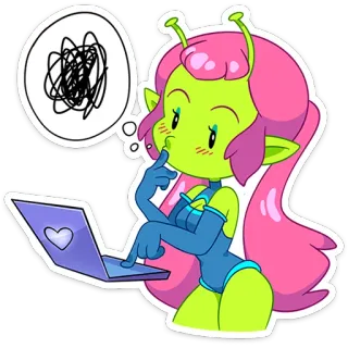 🤯 568a0f96 宇宙人, 漫画, ラップトップ, ピンクの髪, 緑の肌, 可愛い, 吹き出し telegram sticker