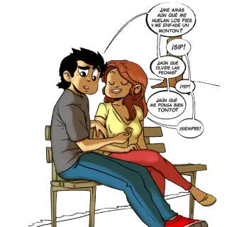 🙈 5409a959 ¿ME AMAS AUN QUE ME HUELAN LOS PIES Y ME ENFADE UN MONTON? ¡SIP! JAÚN QUE OLVIDE LAS FECHAST JYEP! JAUN QUE ME PONGA BIEN TONTOT ¡SIEMPRE! amor, pareja, dibujos animados, relación, cómic, dulce, romántico telegram sticker