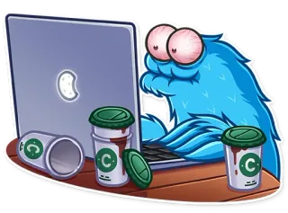 😪 58554e6d quái vật, máy tính xách tay, cà phê, mệt mỏi, mắt, máy tính telegram sticker