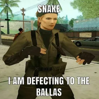 🤡 b724d4e6 Snake SNAKE
I AM DEFECTING TO THE BALLAS videogame, militar, soldado, deserção, Ballas, GTA, San Andreas telegram sticker
