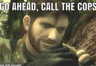 👮 c4f9aadc Solid Snake Metal Gear Solid GO AHEAD, CALL THE COPS Video game, Soldado, Personagem, Militar, Ação telegram sticker