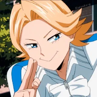 😃 60cd709e Аниме, Персонаж, Иллюстрация, Ухмылка, Светлые волосы, Голубые глаза, Жест telegram sticker