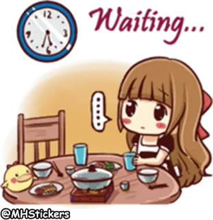 🙁 7e75e1d6 Waiting imut, gadis, menunggu, jam, makanan telegram sticker