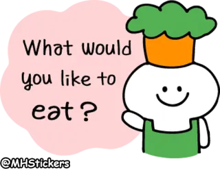 😋 914b7a5e What would you like to eat? makanan, kartun, koki, pertanyaan, makan, memasak, imut whatsapp sticker