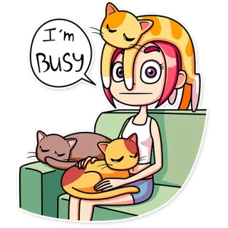 😐 7b7f98a7 I'm BUSY 고양이, 바쁜, 스티커, 만화, 게으른, 귀여운, 소녀 telegram sticker