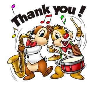 👏 72670ccf Chip and Dale Thank you! Sóc chuột, Chip, Dale, Kèn saxophone, Trống, Âm nhạc, Cảm ơn telegram sticker