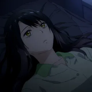 👻 21a7f08d anime, donna, ragazza, sdraiata, letto, capelli scuri, occhi verdi telegram sticker