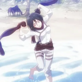 🔖 a0640492 Mikasa Ackerman Attack on Titan アニメ, 進撃の巨人, ミカサ・アッカーマン, ビーチ, アクション, アニメ telegram sticker