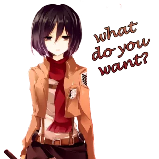 😐 0bcf43c4 Mikasa Ackerman Attack on Titan what do you want? Mikasa Ackerman, Attack on Titan, Anime, Manga, Frage, Anime Mädchen, Charakter telegram sticker
