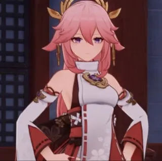 👑 1baaa2ba Yae Miko Genshin Impact gái anime, Yae Miko, Genshin Impact, nhân vật trò chơi điện tử, tóc hồng, cáo, tai telegram sticker