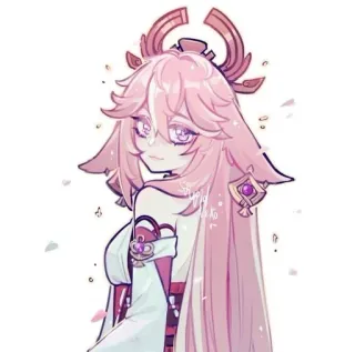 😏 514181ad Yae Miko Genshin Impact anime, trò chơi điện tử, Genshin Impact, Yae Miko, tóc hồng, cáo, mắt tím telegram sticker