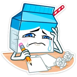 😢 0db35755 牛奶盒, 难过, 哭泣, 写作, 铅笔, 纸, 卡通, 角色 telegram sticker
