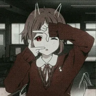 ☺ b1238ee6 สาวอนิเมะ, ตัวละคร, ตาสีแดง, ผมสีน้ำตาล, เขาปีศาจ, อนิเมะ, ชุดนักเรียน whatsapp sticker