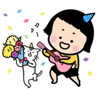 🎶 180c71b6 Cartoon, Kind, Katze, Blumen, Gitarre, Feier whatsapp sticker