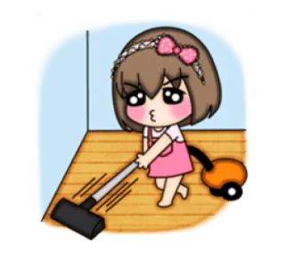 😗 20dea916 dessin animé, nettoyage, passer l'aspirateur, kawaii, fille, tâches ménagères, mignon telegram sticker