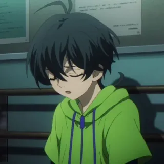 🕸 eb497528 动漫男孩, 绿色连帽衫, 动漫人物, 疲惫, 青年, 动漫 telegram sticker