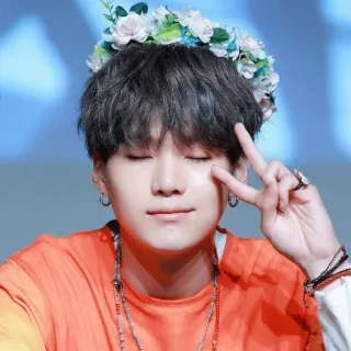 😇 05210753 Suga Suga, BTS, K-pop, flower crown, peace sign, Min Yoongi telegram sticker