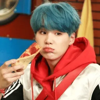😥 393a2215 Suga Suga, BTS, kpop, pizza, eating, blue hair telegram sticker