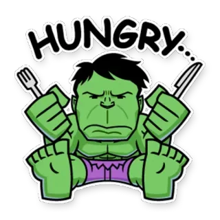 😞 99d4fa55 Hulk HUNGRY Hulk, Marvel, lapar, kartun, garpu, pisau whatsapp sticker