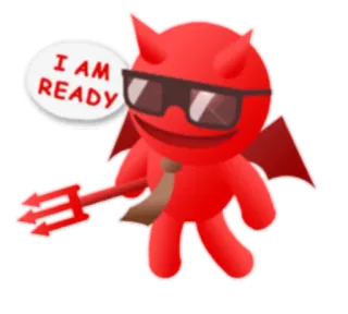 😎 81a346e7 I AM READY Diabeł, Kreskówka, Gotowe, Zło, Rogi, Trójząb telegram sticker