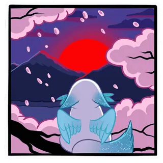 🌇 1747b3e9 bird, sunset, mountains, cherry blossoms, sky, petals, tree, silhouette telegram sticker