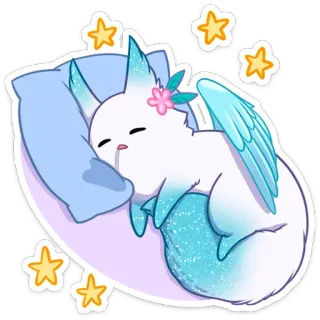 😴 dbb97af1 śpiący, kot, skrzydlaty kot, słodki, gwiazdy, poduszka, zwierzę, fantazja, kreskówka telegram sticker