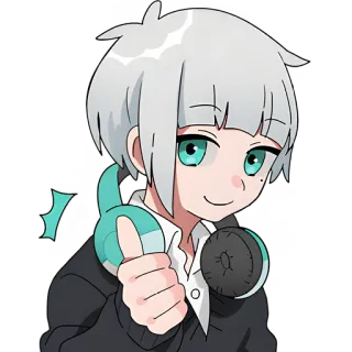 👍 f11cdfe5 Anime, Cartoon, Kopfhörer, Daumen hoch, Charakter, Weißes Haar, Schwarzes Shirt telegram sticker