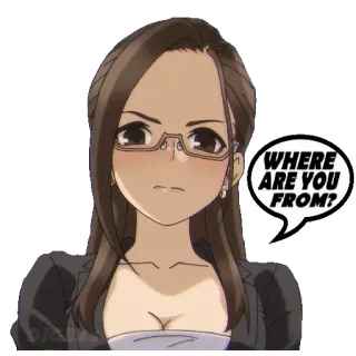 🏳️ e5aeb5cd WHERE ARE YOU FROM? anime, mulher, pergunta, óculos whatsapp sticker