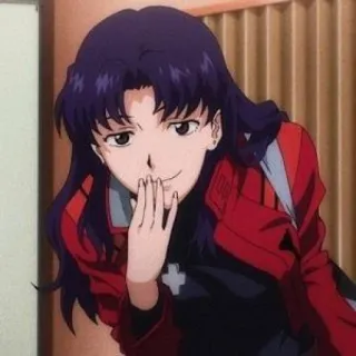 😁 05169731 Misato Katsuragi Neon Genesis Evangelion Anime, Personaje, Misato, Sonrisa burlona, Travieso, Mujer telegram sticker