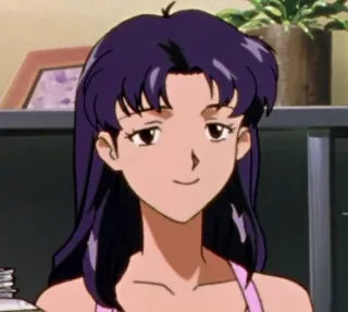 😌 9df3fe30 Misato Katsuragi Neon Genesis Evangelion anime, mujer, pelo morado, sonrisa, personaje, Misato, Evangelion telegram sticker