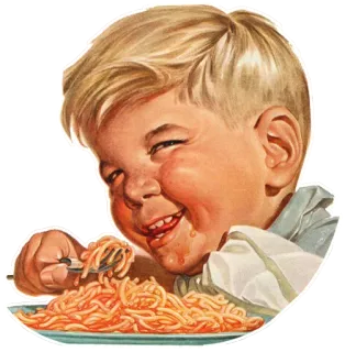 😏 275420cc menino, esparguete, comida, comendo, vintage, retro telegram sticker