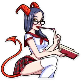 🤓 19c0ac07 дьявол, девушка, школьница, демон, рога, очки, книга, сексуальная whatsapp sticker