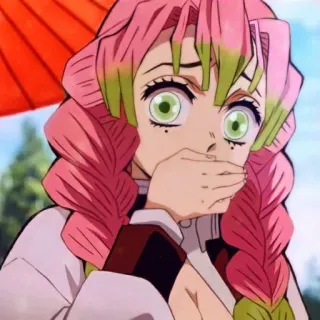 🌸 765c8654 Mitsuri Kanroji Demon Slayer anime, demon slayer, mitsuri kanroji, pink hair, green eyes, shocked, character whatsapp sticker