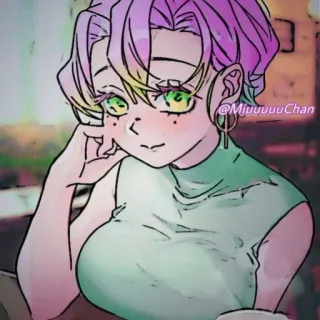 🍡 bdf5a3c8 @MiiuuuuChan Anime stijl, paars haar, groene ogen, vrouw, cartoon, illustratie, fan art telegram sticker