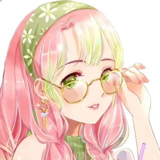 👾 7e453847 cô gái, anime, kính, tóc hồng, mắt xanh lá cây telegram sticker