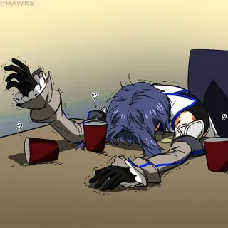 ☠️ 66d9d14d 酔っ払い, 気絶, パーティー, アニメ, 漫画, うなだれ, テーブル, 赤カップ whatsapp sticker