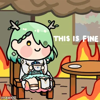 🔥 79bac7e0 THIS IS FINE ミーム, 漫画, 火, お茶, 大丈夫 whatsapp sticker