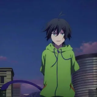 🚗 27ff1897 动漫, 角色, 绿色卫衣, 黑发, 尾巴 telegram sticker