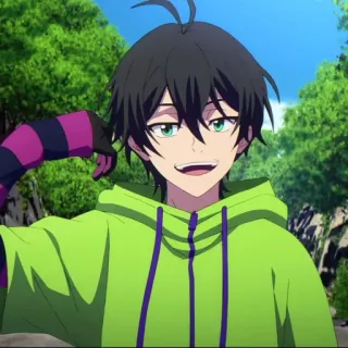 🛹 5d50edd8 Anime, Charakter, lächelnd, grüner Hoodie, im Freien telegram sticker