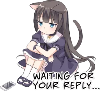 😞 7719cc3a WAITING FOR YOUR REPLY.... 애니메이션, 고양이귀, 기다림, 답장, 전화, 슬픔 telegram sticker