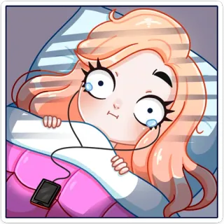 😭 2a1e2ac6 Cartoon, Meisje, Slaap, Muziek, Bed, Verdrietig, Emotioneel telegram sticker