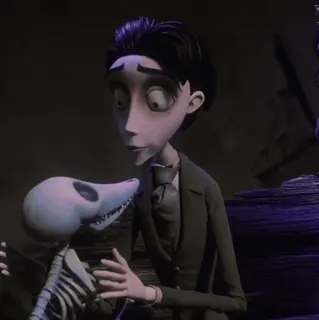 ♣ 91bb5bb0 Victor Van Dort Corpse Bride Victor Van Dort, Corpse Bride, animasi, Tim Burton, kerangka, anjing telegram sticker