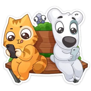 📱 81c4f052 猫, 狗, 电话, 动物, 卡通, 长椅, 坐着, 聊天 telegram sticker