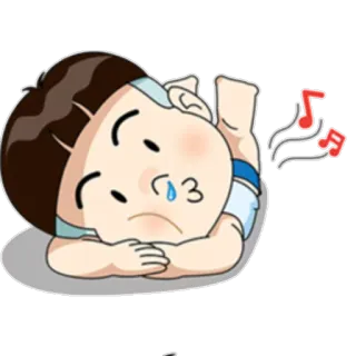 😙 7fa2f4e9 卡通, 难过, 哭泣, 躺着, 音符, 插图, 孩子 telegram sticker