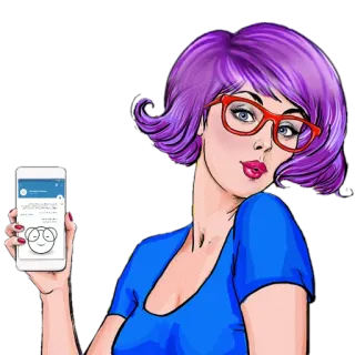 📱 0ff31a3d kobieta, fioletowe włosy, czerwone okulary, kreskówka, telefon, naklejka telegram sticker