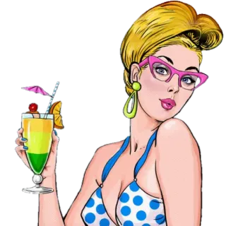 🍹 5d72cbf0 kobieta, koktajl, bikini, blondynka, lato, retro, pop art telegram sticker