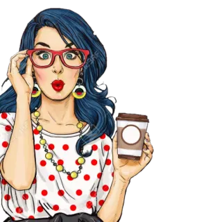 ☕ 8f44e85a kobieta, pop art, kawa, okulary, kreskówka, retro telegram sticker