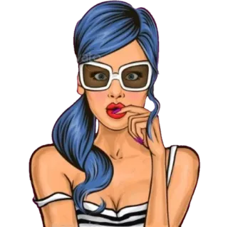 🤔 d0f3f69b naklejka, kobieta, kreskówka, niebieskie włosy, okulary przeciwsłoneczne, pop art telegram sticker